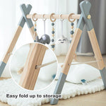 Wooden Baby Play Gym Foldable Baby Play Gym Frame Activity Gym Hanging Bar with 5 Gym Baby Toys Natural for Newborn Baby (Foldable Grey)
