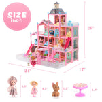 Randhar Doll House for Girls with Lights, 3 Dolls, 4 Floors -13 Rooms, 7 Sets of Furniture and Accessories, Design and Build Gift for 3 4 5 6 7 8+ Year Old Girls