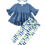 Kucnuzki Baby Girl Clothes 12-18 Months Girl Clothes Toddler Baby Ruffle Shirt Blue Top Floral Pants Set 3Pcs Girl Fall Outfit Cute Infant Little Girls Outfits