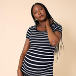 Motherhood Maternity Women’s Square Neck Rib Knit Short Sleeve Pregnancy Top, Black & White Stripe, Medium