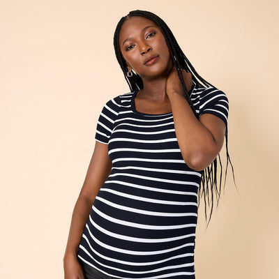 Motherhood Maternity Women’s Square Neck Rib Knit Short Sleeve Pregnancy Top, Black & White Stripe, Medium