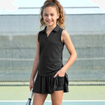 PATPAT Girls Tennis Outfits Size 7-8, Black Sleeveless Polo Shirts + Pleated Skirt with Built in Shorts 2 Piece Outfits Clothes For Girls Gym Outfits Kids Activewear Sets