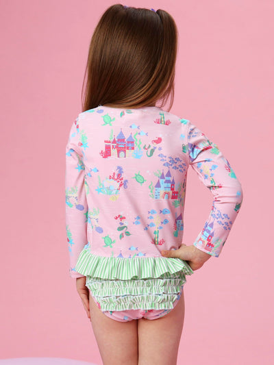 RuffleButts Baby/Toddler Girls Long Sleeve Rash Guard UPF50+ Sun Protected Bikini Swimsuit - Mermaid Princess, 3T
