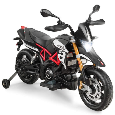 Costzon 12V Kids Motorcycle, Licensed Aprilia Electric Motorcycle Ride On Toy w/Training Wheels, Spring Suspension, LED Lights, Sounds & Music, MP3, Battery Powered Dirt Bike for Boys & Girls, Black