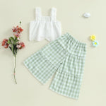 Toddler Baby Girl Outfit Summer Sleeveless Lace Hollow Out Crop Tank Tops Plaid Wide Leg Pants Set 2PCS Clothes
