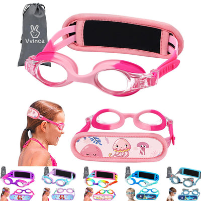 Vvinca Kids Swim Goggles with Fabric Strap No Tangle Pain-Free, Anti-Fog Swimming Pool Goggle No Leak for Toddlers Girls Boys