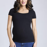 Motherhood Maternity Women’s Square Neck Rib Knit Short Sleeve Pregnancy Top, Black, X-Large