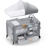 Obee Odee 4 in 1 Baby Bassinet, Pack and Play, Bedside Crib Sleeper, Diaper Changer - Comes with Mattress, Mosquito Net，Bottom Storage and Toy Bar for Newborn to Toddles