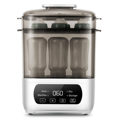 Bottle sterilizer with transparent door showing bottles inside on a white background
