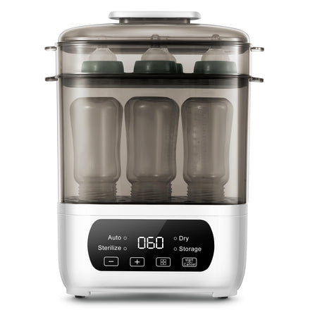 Bottle sterilizer with transparent door showing bottles inside on a white background