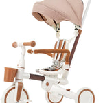 7 in 1 Toddler Tricycle with Parent Push Handle, Removable Pedals & Canopy, 5-Point Safety Harness - Portable Folding Trike Bike for Kids Ages 1-6 Years Old (Ivory and Brown)