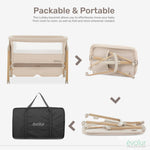 Evolur Lullaby Portable Bassinet with Wheels, Adjustable Bedside Sleeper, Breathable Mesh Sides, Large Storage Basket, Easy Fold, and Travel Bag Included, Perfect for Newborns & Infants - Biege