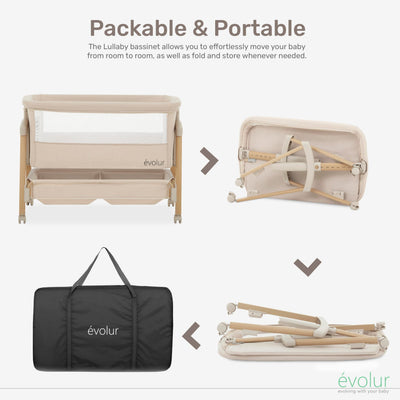 Evolur Lullaby Portable Bassinet with Wheels, Adjustable Bedside Sleeper, Breathable Mesh Sides, Large Storage Basket, Easy Fold, and Travel Bag Included, Perfect for Newborns & Infants - Biege