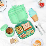 Aimsnk Magical Dinosaur Kids Lunch Box Set -12oz Insulated Food Jar, Leakproof Lunch Food Containers Cutlery, Leak-Proof Sauce Cup & Spoon, Gradient Green+Jar Green