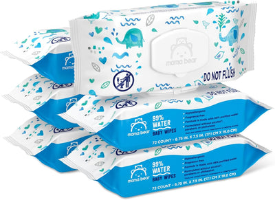 Multiple packages of mama bear baby wipes on a white background