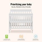 Dream On Me Aden 4-in-1 Convertible Mini Baby Crib in White, GreenGuard Gold & BSA, Sustainable Pinewood, Non-Toxic Finish, 3 Mattress Heights, Converts to Mini Day & Twin-Size Bed
