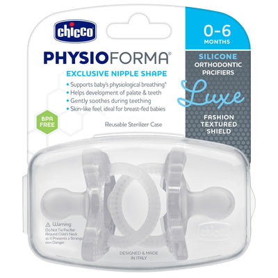 Chicco PhysioForma Luxe Orthodontic Pacifier for Babies 0-6 Months, One-Piece 100% Soft Silicone, Supports Breathing, Textured Shield & Handle, Included Sterilizing Case, BPA Free, 2-Pack, Crystal