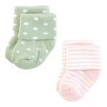 Hudson Baby Infant Girl Cotton Rich Newborn and Terry Socks, Pink Sage Rose, 0-6 Months