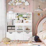 FOTOSOK 47'' Kids Bookcase and Bookshelf, Multifunctional Bookcase with 5 Storage Cubbies and 3 Movable Drawers, Bookcase Display Stand, Toy Storage Organizer for Bedroom, Playroom, Hallway, White
