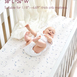 Momcozy Muslin Mini Crib Sheets Fitted - 38''x26'' Pack and Play Sheets for Pack N Play Mattress, 2 Pack Soft & Breathable Natural Cotton Non Slip Bed Cover for Boys, Girls, Blue Star Moon