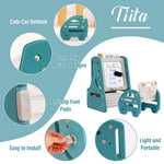 Tiita Kids Table and Chair Set, 3 in 1 Convertible Art Easel & Display Bookshelf w/Magnetic Painting Board, Bottom Storage Shelf, Children Activity Table Set for Drawing Reading, Blue