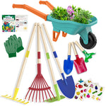 Qtioucp Kids Gardening Set with Wheelbarrow, Real Metal Garden Tools for Kids Ages 3-8, 4 Long Handle Tools, 3 Hand Tool, Gloves, 5 Stickers, Handbook, Outdoor Backyard Toys for Toddler Gift