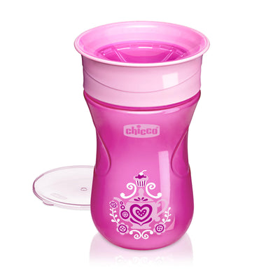 Pink sippy cup with lid on a white background, featuring the Chicco brand.
