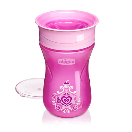 Pink sippy cup with lid on a white background, featuring the Chicco brand.