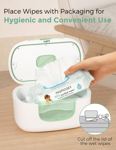 Momcozy New Baby Wipe Warmer, 100pcs Larger Capacity Wipe Dispenser, 10-Min Fast Heating with 4 Temperature Modes, Innovative Spring Design, Silicone & Top Seals,Quick Even Heating, 3-Level Nightlight