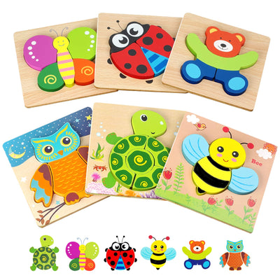 Set of wooden animal puzzles with colorful illustrations on a white background