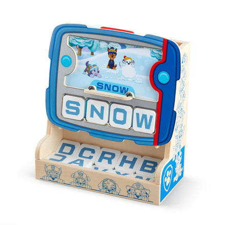 Toy educational device with letters and a screen displaying characters, on a white background