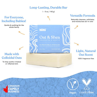 Keika Baby Soap Bar Oat & Shea Unscented for Eczema, Psoriasis, Face, Body, Infant Kids Teens Men Women with Sensitive Skin, 5 oz.
