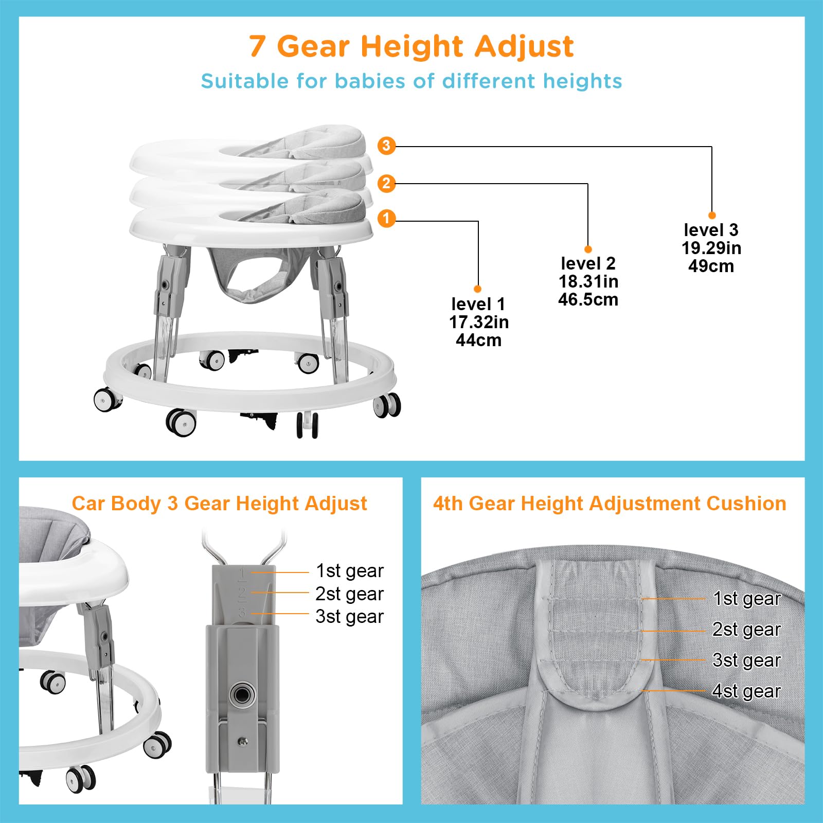 Baby Walker with Wheels, One-Touch Folding Portable Baby Walkers with Height Adjustment, Large Dinner Plate and Brake, Walker for Baby Boy Girls 6-18 Months, Gray