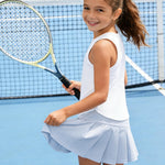 PATPAT Girls 2 Piece Tennis Skirt Set Size 10-11 White Tank Tops and Blue Skort Athletic Sets Sleeveless Shirts + High Waisted Pleated Skirt 2 Piece Outfits Girl Summer Clothes Workout Outfit