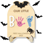 Halloween Baby Footprint Kit Wood Newborn Handprint Sign with Base Baby's First DIY Halloween Keepsake Our Little Boo Board for Baby Boy Gifts (A)
