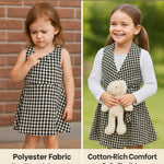 PATPAT Girls Spring Fall Outfit – Ribbed Knit Dress with Classic Plaid Cardigan – School & Photo Day Clothes, White Houndstooth, 5–6 Years