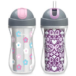 Two children's sippy cups with floral and purple patterned designs on a white background.