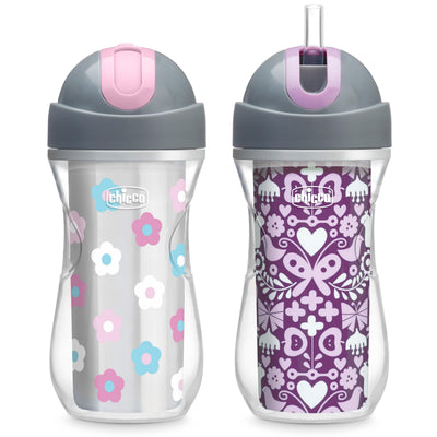 Two children's sippy cups with floral and purple patterned designs on a white background.