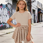 PATPAT Girls 2 Piece Skirt Sets Size 11-12 Years, Light Brown Shirts + Brown Plaid Skirts Clothing Sets Summer Outfits, Preppy Clothes for Girls Western Outfits Streetwear