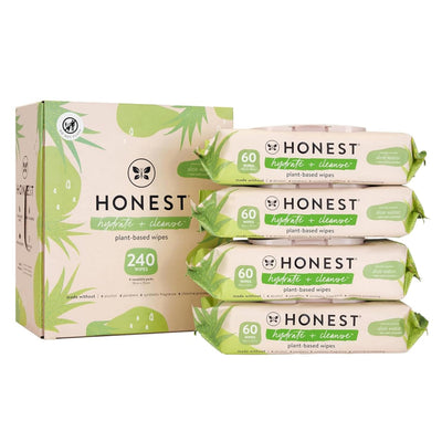 Honest brand plant-based wipes packaging with multiple packages stacked on a white background