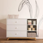 dadada Central Park 3-Drawer Dresser with Open Shelving - Modern Design, Baby-Safe Finish, Forged Steel Support, Sturdy Wood Legs, for Nursery, Kids or Teen Room, 47" Wide (White+Natural)