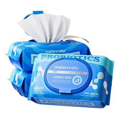 Blue packaging of matern'ella Probiotics flushable wipes on a white background