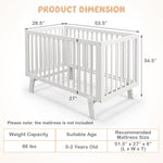 BABY JOY Wooden Baby Crib, Rubber Wood Mini Crib w/ 3-Height Adjustable Mattress Support Base & Full-Length Guardrails, Toddler Bedroom Furniture Fence Bed (White)