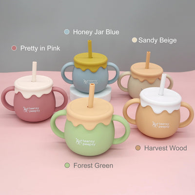 teensy peepsy Honey Pot 2-in-1 Silicone Training Cup 8.5oz, Baby Sippy Cup with Straw & Snack Cup for 6 months+ Straw Cup for Baby Boy Gift, Toddler Smoothie Cup (Forest Green)