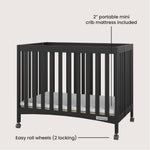 Child Craft London Mini Compact Folding Portable Crib with 2” Crib Mattress and 2 Easy Roll Locking Wheels, Durable Pine Wood Construction (Ebony Black)