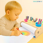 Wooden Tabletop Paper Roll Dispenser with Safety Sliding Cutter - Kids Art Easel with Roll of Paper (11.4”x 98.4ft)- Pencil Cups and Drawing Kit 30 Piece Set (Safety Sliding Cutter)