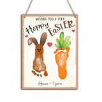 Baby's First Easter Footprint DIY Wooden Hanging Sign, Baby's 1st Easter Art Craft Gifts, My First Holiday Milestone Signs, Bunny Carrot Wishing You A Hoppy Easter Footprint Art Craft Keepsake - Brown