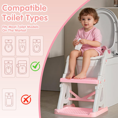 Vorykido Potty Training Seat, 2 in 1 Potty Training Toilet with Step Stool for Boys Girls, Toddler Toilet Seat with Stabilizer Crossbar, Anti-Slip Pads and Splash Guard, Pink