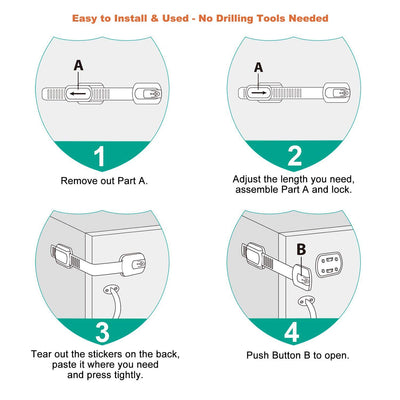 16 Pack Vmaisi Multi-Use Adhesive Straps Locks - Childproofing Baby Proofing Cabinet Latches for Drawers, Fridge, Dishwasher, Toilet Seat, Cupboard, Oven,Trash Can, No Drilling (White) (16)