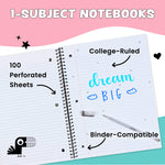 Yoobi College Ruled 8 x 10.5” Spiral Notebook Set – Bulk 6-Pack of 1 Subject Notebooks, Variety of Cute Designs – 100 Perforated 3-Hole Punched Sheets, For School, Office & Home